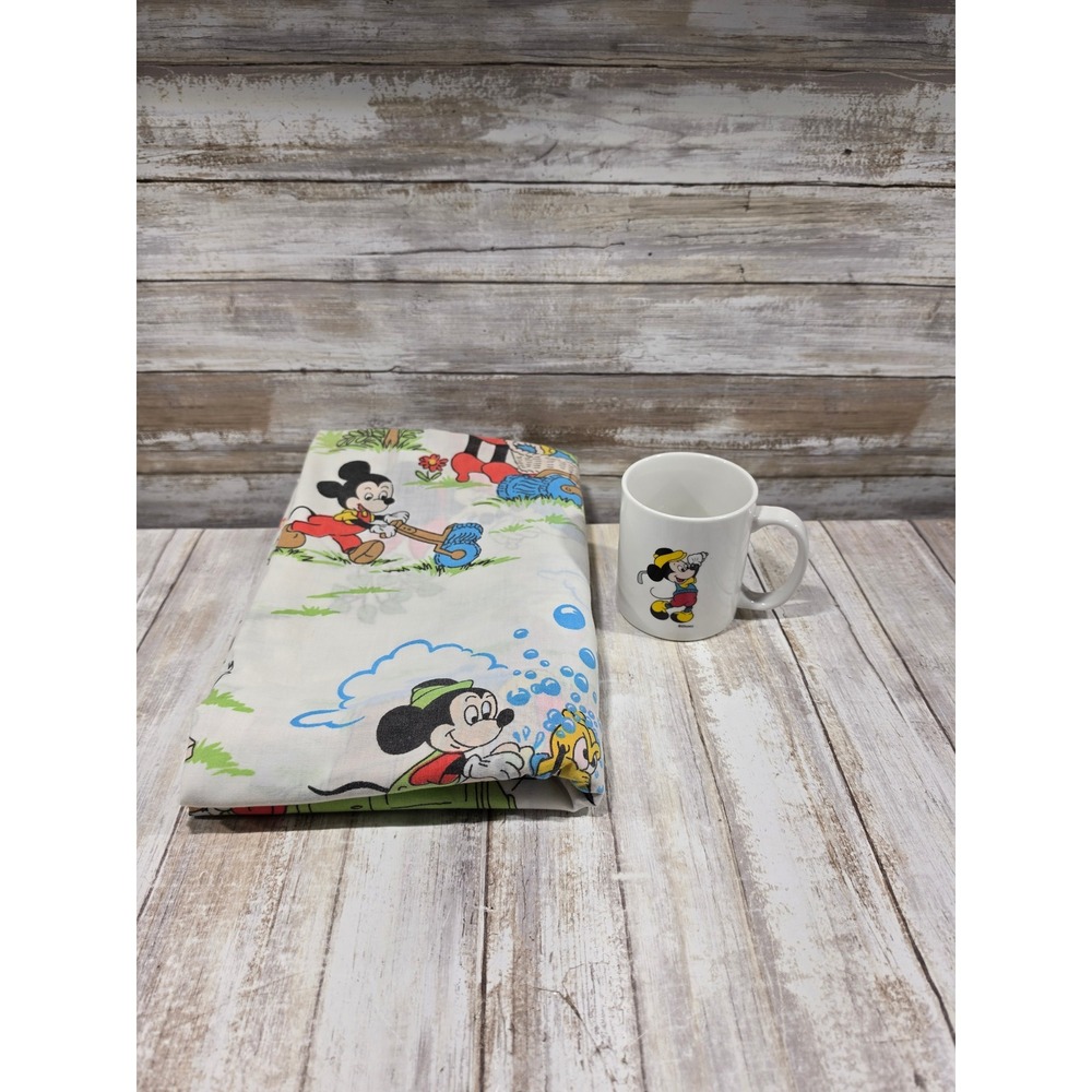 Vintage Disney Mickey Mouse Friends Twin Flat Sheet & Mug White Retro READ